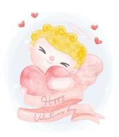 carino acquerello contento Sorridi San Valentino Cupido ragazzo bionda Riccio capelli abbraccio grande rosso cuore contento San Valentino giorno nastro bandiera cartone animato personaggio mano pittura illustrazione vettore