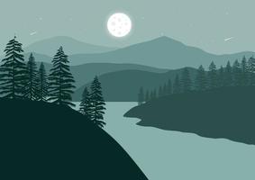bellissimo paesaggio con lago, pino foresta e montagne a notte. vettore illustrazione.