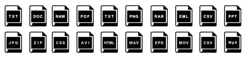 grande collezione di vettore icone, file estensioni diverso icone impostato - un' impostato di computer File e Software icone azione vettore