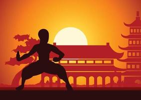 Cinese boxe kung fu marziale arte famoso sportivo, due pugile combattimento insieme in giro con Cinese tempio, tramonto silhouette design vettore