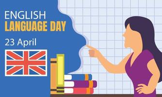illustrazione vettore grafico di un' donna puntamento a un inglese bandiera, Perfetto per internazionale giorno, inglese linguaggio giorno, celebrare, saluto carta, eccetera.