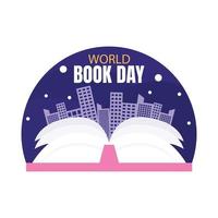 illustrazione vettore grafico di il silhouette di il città dietro a un Aperto prenotare, Perfetto per internazionale giorno, mondo libro giorno, celebrazione, saluto carta, eccetera.