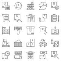 inventario e Conservazione schema icone impostato - magazzino e scatole lineare simboli vettore