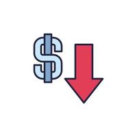 dollaro cartello e svalutazione freccia vettore moneta valore abbassamento colorato icona