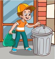vettore illustrazione di ragazzo lancio immondizia.giovane ragazzo trasportare spazzatura nel plastica Borsa per eliminare nel il bidone