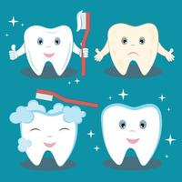 salutare e dolorante dente. un' salutare dente è bene puliti e brilla. un' cattivo dente è triste. il processi di spazzolatura il tuo denti. pulito e salutare dente. immagine per odontoiatria, pediatrico odontoiatria. vettore