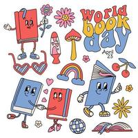 Groovy retrò cartone animato libro personaggi impostato per mondo libro giorno, collezione di elementi per lettura il libri e libro Festival nel 70s stile. mascotte con mani e guantato braccia. Vintage ▾ vettore design.
