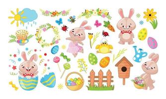 grande Pasqua impostato di design elementi, immagini nel cartone animato stile su il tema di Pasqua. 2 Pasqua coniglietti, fiori, uccelli, colorato uova, bianca sfondo, isolato tagliare su oggetto. coniglio e altro elementi vettore