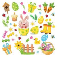 Pasqua impostato di design elementi e immagini nel cartone animato stile su il tema di Pasqua. Pasqua coniglietto, fiori, uccelli e dipinto uova su bianca sfondo, isolato tagliare su oggetto. coniglietto salti su di il uovo vettore