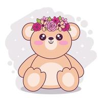 mano disegnato carino kawaii orsacchiotto orso. adorabile cartone animato orso personaggio con fiori mazzo. infantile t camicia Stampa design vettore