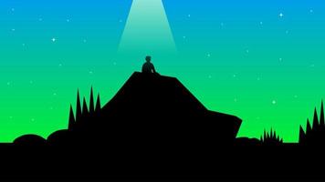 vettore illustrazione, del desktop sfondo. il leggero appare sopra un' giovane uomo chi si siede su un' grande roccia con erba in giro esso a notte.