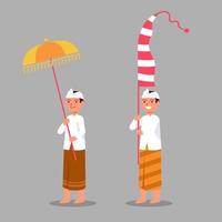 il ragazzo balinese tradizionale porta l'ombrello e la bandiera lunga per la cerimonia del rito vettore