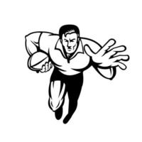 giocatore di rugby che corre con la palla che respinge il design retrò in bianco e nero vettore
