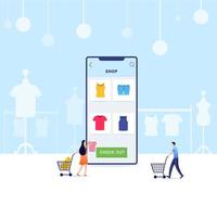 acquisti su negozi di moda tramite l'applicazione di commercio elettronico vettore