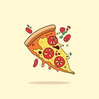 Pizza fetta cartone animato vettore illustrazione con linea arte stile. piatto cartone animato stile veloce cibo concetto isolato vettore.