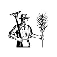 contadino di grano in possesso di un rastrello e gambo di grano di cereali retrò xilografia vettore