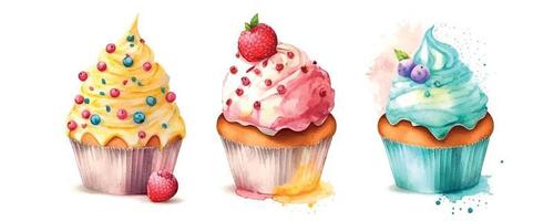 Cupcake impostato con crema. acquerello illustrazione ghiaccio crema vettore