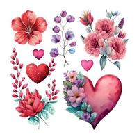 San Valentino giorno e nozze acquerello mano disegnato illustrazioni. diverso cuori, rosso fiori peonie, vaso di cuori impostato di romantico Vintage ▾ elementi. vettore