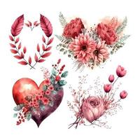 San Valentino giorno e nozze acquerello mano disegnato illustrazioni. diverso cuori, rosso fiori peonie, vaso di cuori impostato di romantico Vintage ▾ elementi. vettore