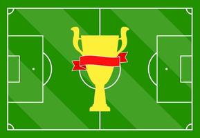 calcio campo con verde erba e con un' oro tazza con un' rosso nastro. vettore illustrazione