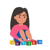 autismo concetto. ragazza sensazione solitario. triste ragazzo seduta su pavimento circondato di cubi giocattoli con parola autismo. vettore illustrazione.