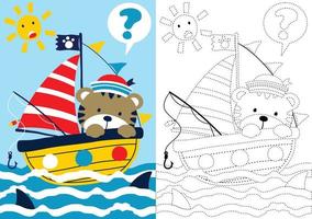 vettore cartone animato di gatto su barca a vela sotto squalo attacco, colorazione libro o pagina