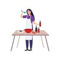 donna che cucina utilizzando grembiule con tavolo in legno, sfondo bianco vettore