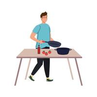 uomo che cucina con tavolo in legno, su sfondo bianco vettore