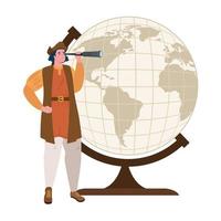 Christopher Columbus cartoon con telescopio e disegno vettoriale sfera mondo