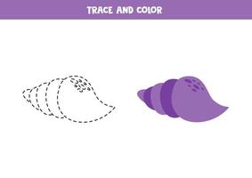 tracciare e colore cartone animato viola conchiglia. foglio di lavoro per bambini. vettore