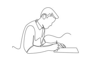 singolo uno linea disegno contento uomo mani Tenere penna e Riempimento imposta modulo. imposta concetto. continuo linea disegnare design grafico vettore illustrazione.