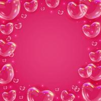 lucido arcobaleno sapone bolla cuori sfondo. realistico trasparente 3d cuori su rosa sfondo. san valentino giorno striscione. vettore