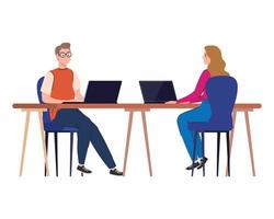 cartoni animati di uomo e donna con computer portatili alla scrivania lavorando disegno vettoriale