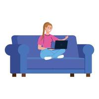 cartone animato donna con il computer portatile sul divano lavorando disegno vettoriale