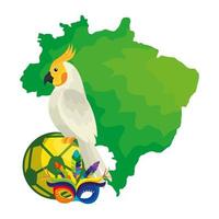 mappa del brasile con pappagallo e icone tradizionali vettore
