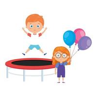 simpatici bambini piccoli con salto sul trampolino e palloncini di elio vettore