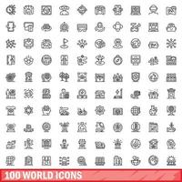 100 icone del mondo impostate, stile contorno vettore