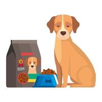 cane carino con piatto e borsa cibo icona isolato vettore