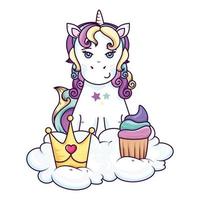 carino unicorno con corona e cupcake in nuvola vettore