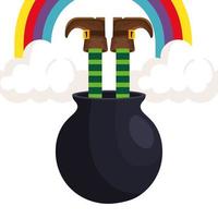 leprechaun gambe nel calderone con arcobaleno vettore