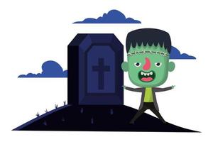 ragazzino carino con costume frankenstein nella scena del cimitero vettore