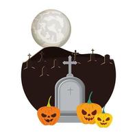 zucche di Halloween con facce scure nella scena del cimitero vettore