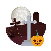 zucca di Halloween con la faccia scura nella scena del cimitero vettore
