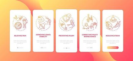 il dolore muscolare allevia la schermata della pagina dell'app mobile di onboarding rossa con concetti vettore