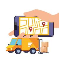 smartphone con servizio logistico app e icone vettore