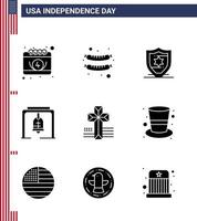9 Stati Uniti d'America solido glifo imballare di indipendenza giorno segni e simboli di americano attraversare protezione americano Natale campana modificabile Stati Uniti d'America giorno vettore design elementi