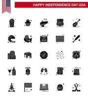 contento indipendenza giorno imballare di 25 solido glifo segni e simboli per guiter Stati Uniti d'America celebrazione cartello mortaio modificabile Stati Uniti d'America giorno vettore design elementi