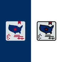 americano bandiera carta geografica mondo icone piatto e linea pieno icona impostato vettore blu sfondo