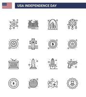 16 Stati Uniti d'America linea segni indipendenza giorno celebrazione simboli di sognare Catcher ornamento turismo Stati Uniti d'America cancello modificabile Stati Uniti d'America giorno vettore design elementi