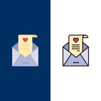 posta amore lettera proposta nozze carta icone piatto e linea pieno icona impostato vettore blu sfondo